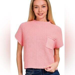 Zenana Pink Women’s Mock Neck Short Sleeve Sweater Top Size Medium NWT